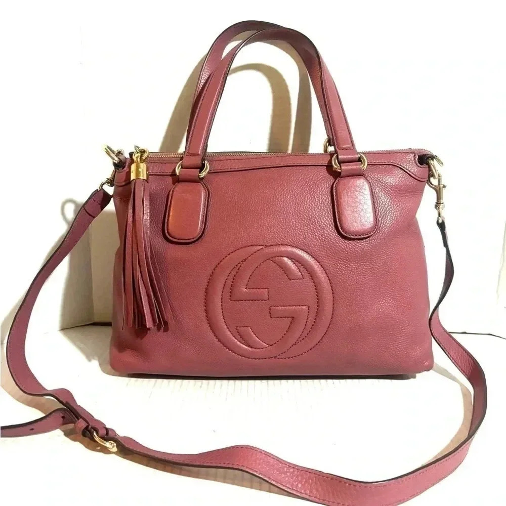 Gucci Dusty Rose Leather Satchel with Tassel Shoulder Strap